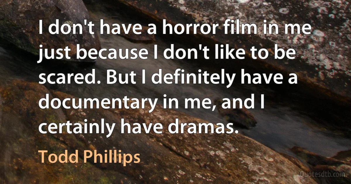 I don't have a horror film in me just because I don't like to be scared. But I definitely have a documentary in me, and I certainly have dramas. (Todd Phillips)