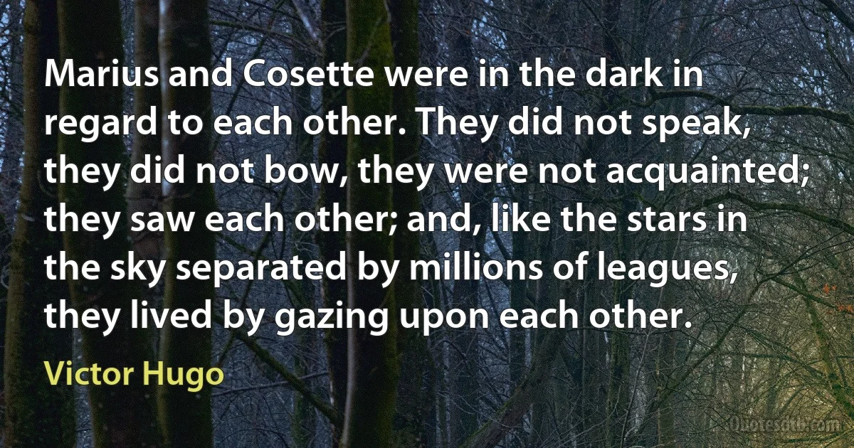 Marius and Cosette were in the dark in regard to each other. They did not speak, they did not bow, they were not acquainted; they saw each other; and, like the stars in the sky separated by millions of leagues, they lived by gazing upon each other. (Victor Hugo)