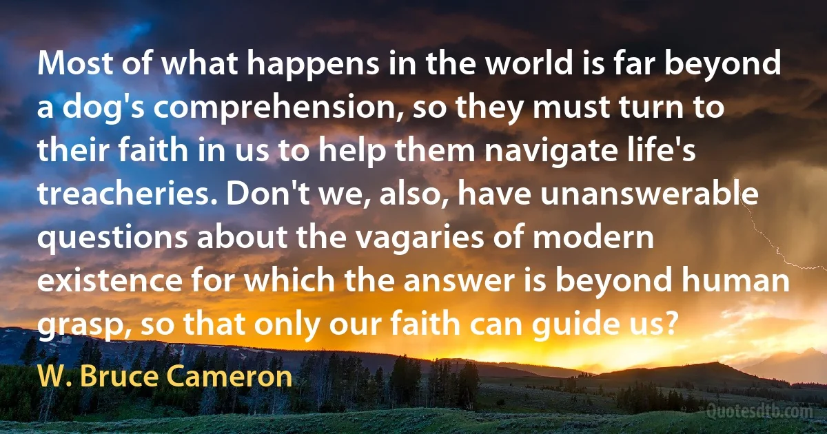 Most of what happens in the world is far beyond a dog's comprehension, so they must turn to their faith in us to help them navigate life's treacheries. Don't we, also, have unanswerable questions about the vagaries of modern existence for which the answer is beyond human grasp, so that only our faith can guide us? (W. Bruce Cameron)