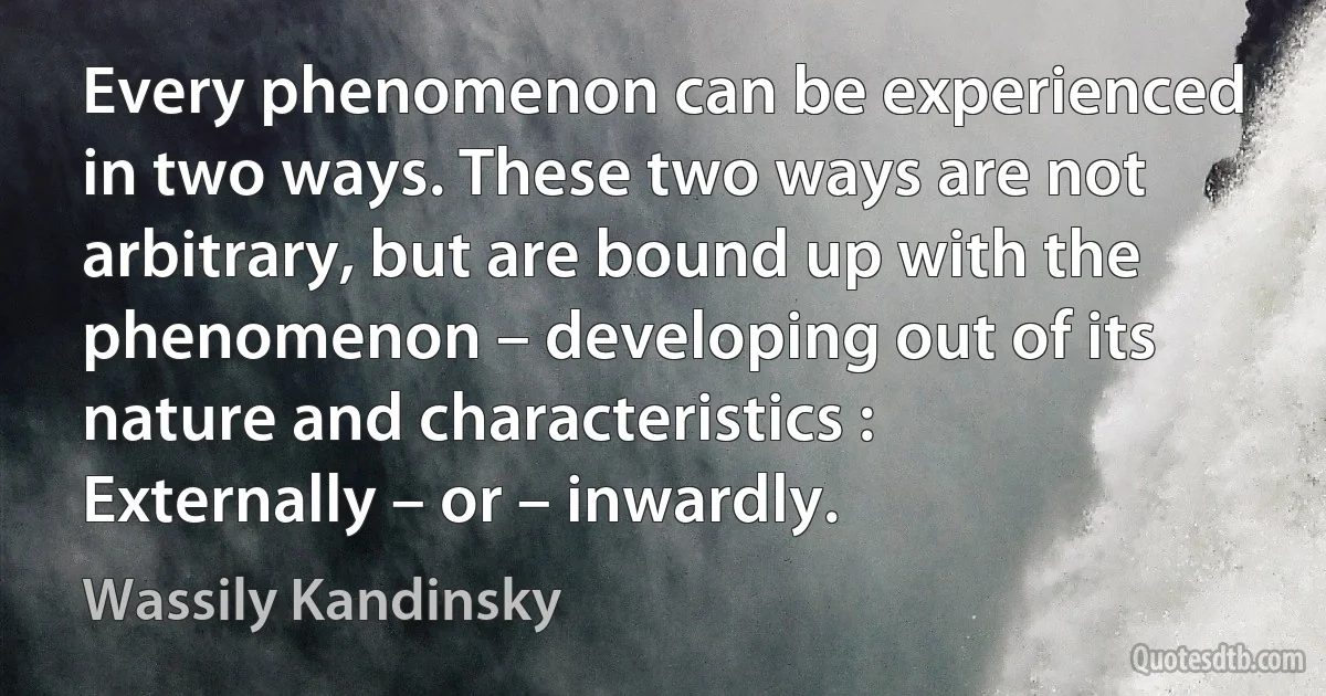 Every phenomenon can be experienced in two ways. These two ways are not arbitrary, but are bound up with the phenomenon – developing out of its nature and characteristics : Externally – or – inwardly. (Wassily Kandinsky)