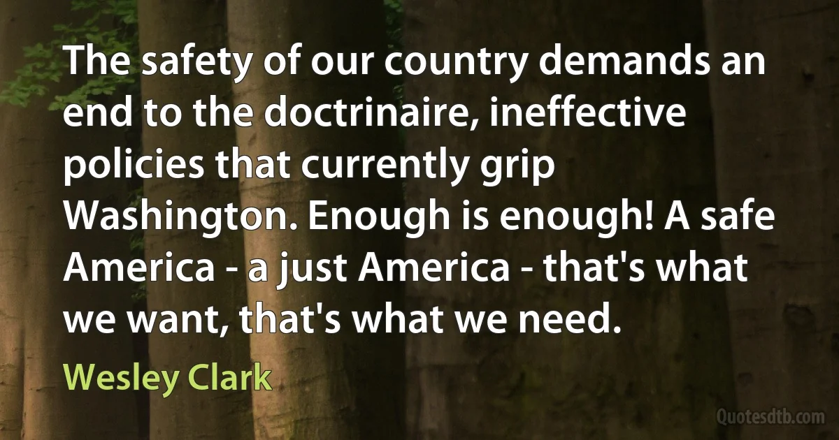 The safety of our country demands an end to the doctrinaire, ineffective policies that currently grip Washington. Enough is enough! A safe America - a just America - that's what we want, that's what we need. (Wesley Clark)