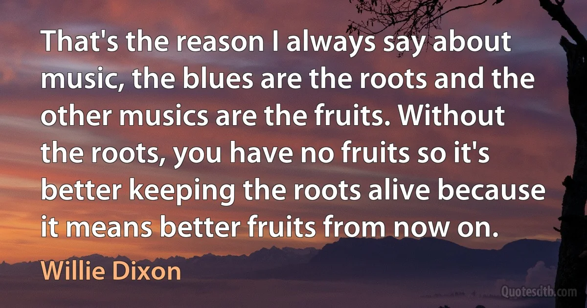 That's the reason I always say about music, the blues are the roots and the other musics are the fruits. Without the roots, you have no fruits so it's better keeping the roots alive because it means better fruits from now on. (Willie Dixon)