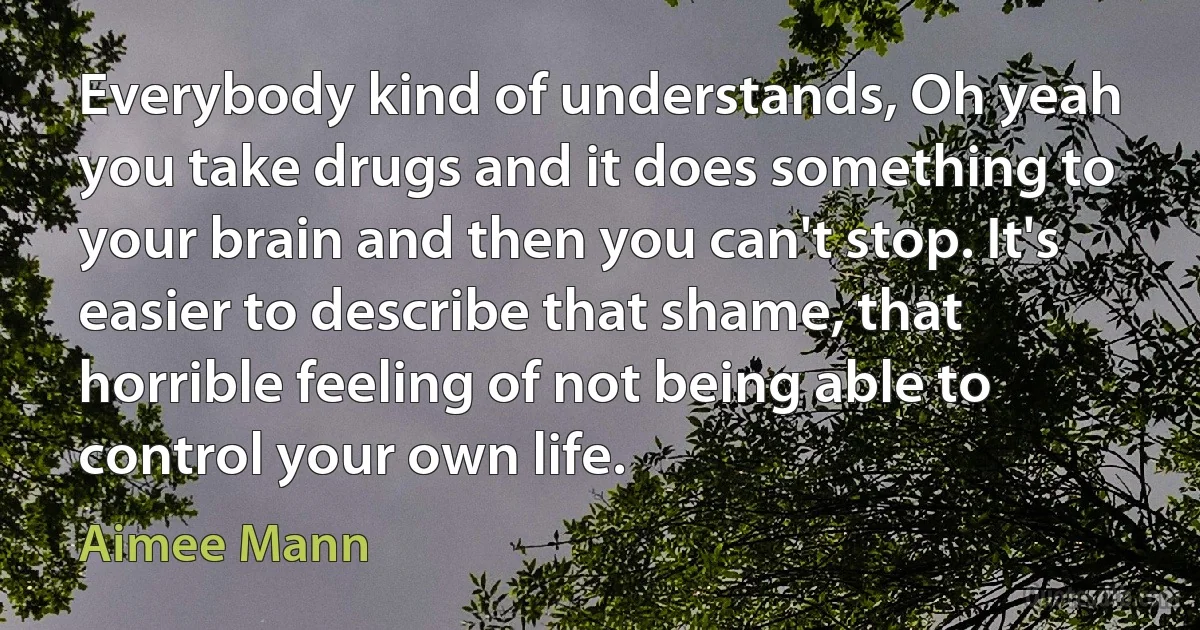 Everybody kind of understands, Oh yeah you take drugs and it does something to your brain and then you can't stop. It's easier to describe that shame, that horrible feeling of not being able to control your own life. (Aimee Mann)