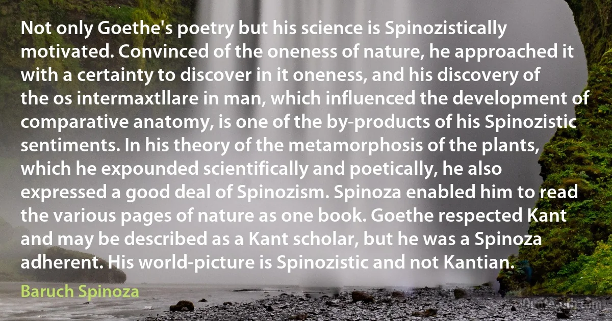 Not only Goethe's poetry but his science is Spinozistically motivated. Convinced of the oneness of nature, he approached it with a certainty to discover in it oneness, and his discovery of the os intermaxtllare in man, which influenced the development of comparative anatomy, is one of the by-products of his Spinozistic sentiments. In his theory of the metamorphosis of the plants, which he expounded scientifically and poetically, he also expressed a good deal of Spinozism. Spinoza enabled him to read the various pages of nature as one book. Goethe respected Kant and may be described as a Kant scholar, but he was a Spinoza adherent. His world-picture is Spinozistic and not Kantian. (Baruch Spinoza)