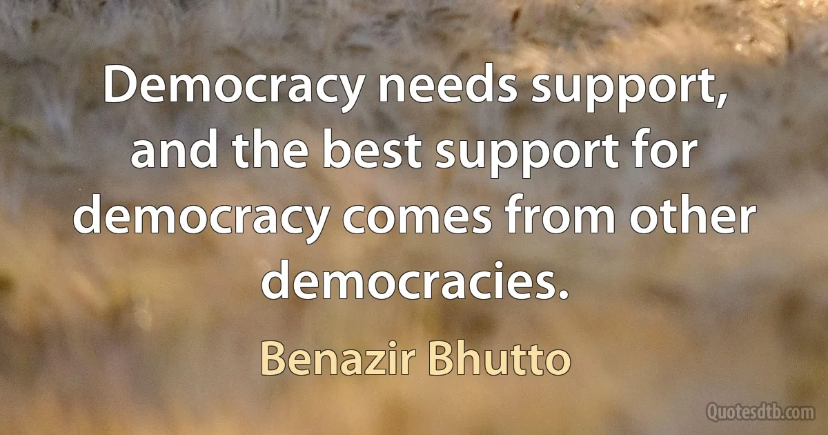 Democracy needs support, and the best support for democracy comes from other democracies. (Benazir Bhutto)