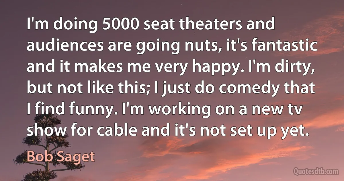 I'm doing 5000 seat theaters and audiences are going nuts, it's fantastic and it makes me very happy. I'm dirty, but not like this; I just do comedy that I find funny. I'm working on a new tv show for cable and it's not set up yet. (Bob Saget)