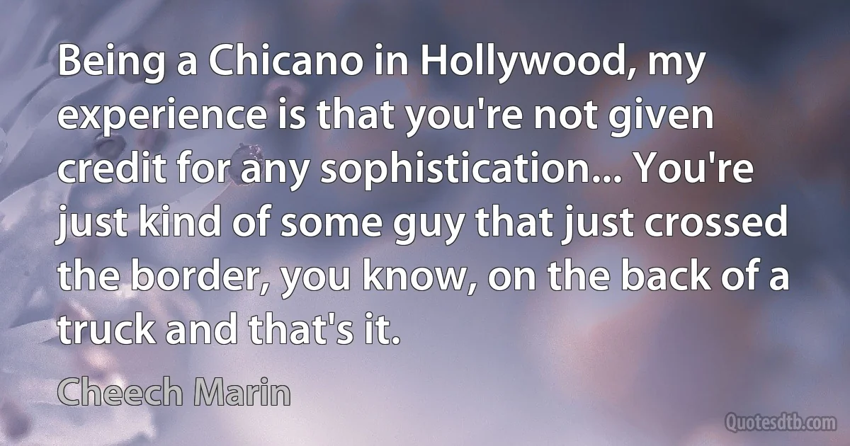 Being a Chicano in Hollywood, my experience is that you're not given credit for any sophistication... You're just kind of some guy that just crossed the border, you know, on the back of a truck and that's it. (Cheech Marin)