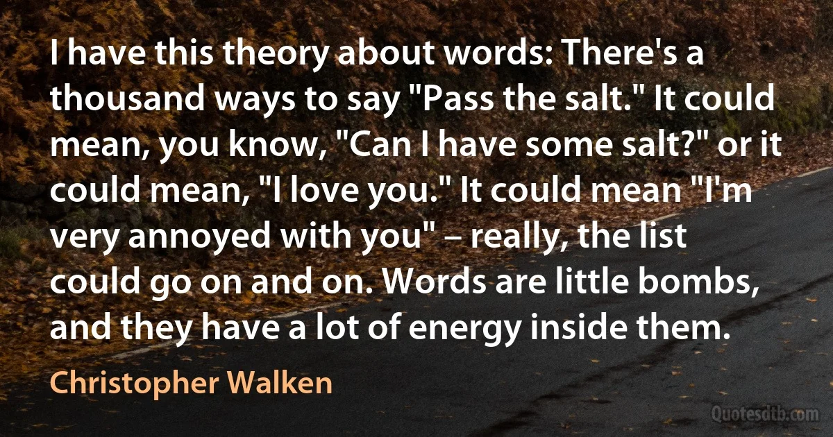 I have this theory about words: There's a thousand ways to say "Pass the salt." It could mean, you know, "Can I have some salt?" or it could mean, "I love you." It could mean "I'm very annoyed with you" – really, the list could go on and on. Words are little bombs, and they have a lot of energy inside them. (Christopher Walken)