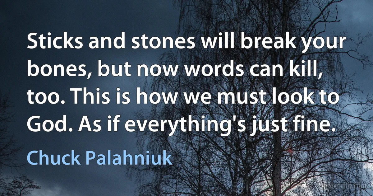 Sticks and stones will break your bones, but now words can kill, too. This is how we must look to God. As if everything's just fine. (Chuck Palahniuk)