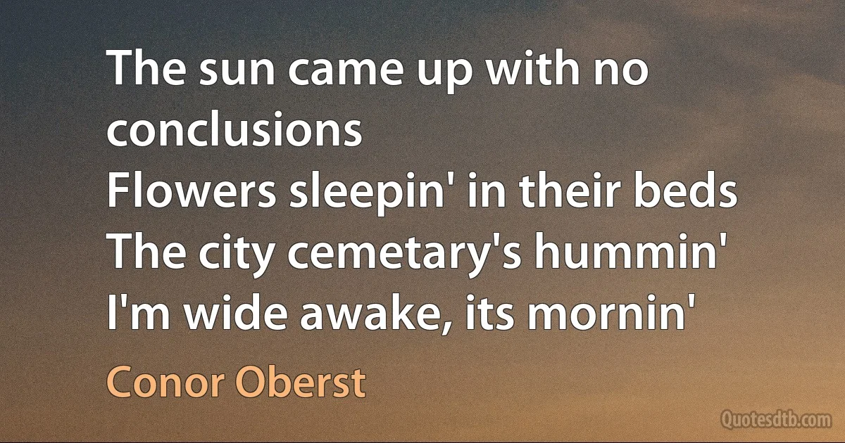 The sun came up with no conclusions
Flowers sleepin' in their beds
The city cemetary's hummin'
I'm wide awake, its mornin' (Conor Oberst)