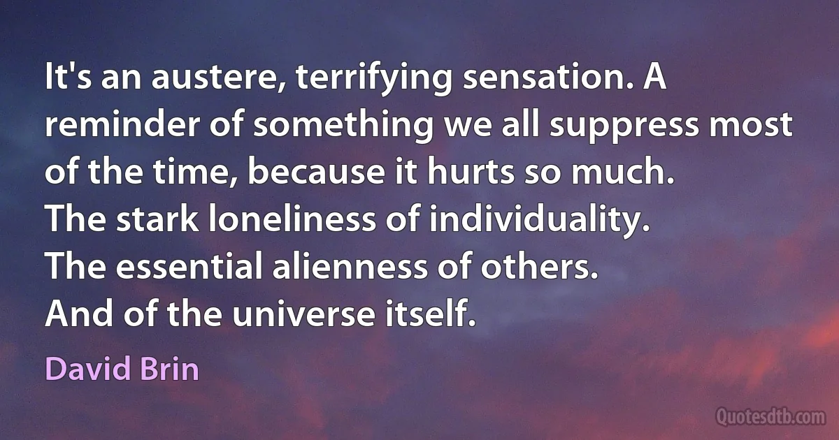 It's an austere, terrifying sensation. A reminder of something we all suppress most of the time, because it hurts so much.
The stark loneliness of individuality.
The essential alienness of others.
And of the universe itself. (David Brin)