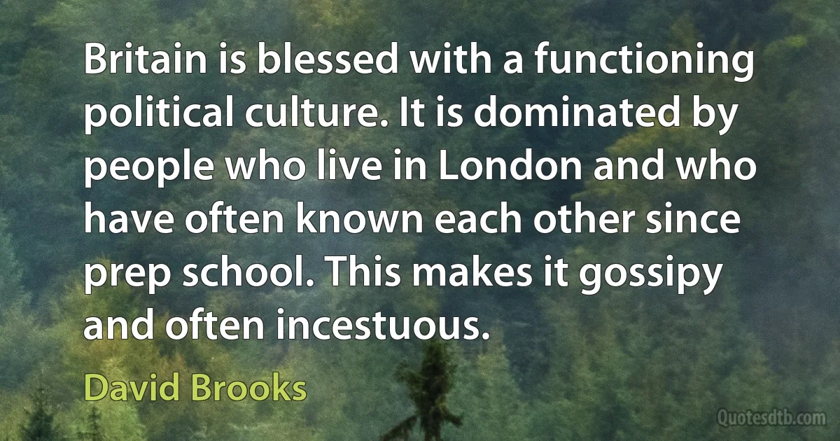 Britain is blessed with a functioning political culture. It is dominated by people who live in London and who have often known each other since prep school. This makes it gossipy and often incestuous. (David Brooks)