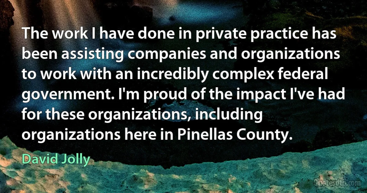 The work I have done in private practice has been assisting companies and organizations to work with an incredibly complex federal government. I'm proud of the impact I've had for these organizations, including organizations here in Pinellas County. (David Jolly)