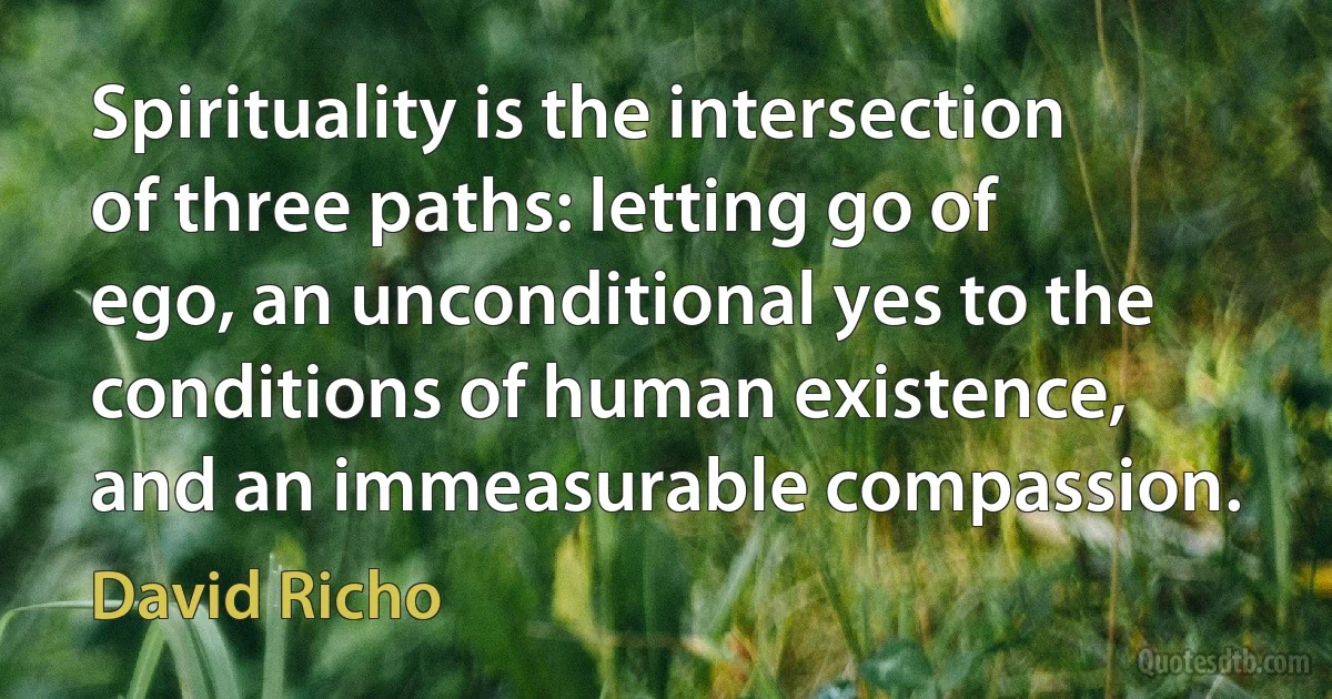 Spirituality is the intersection of three paths: letting go of ego, an unconditional yes to the conditions of human existence, and an immeasurable compassion. (David Richo)