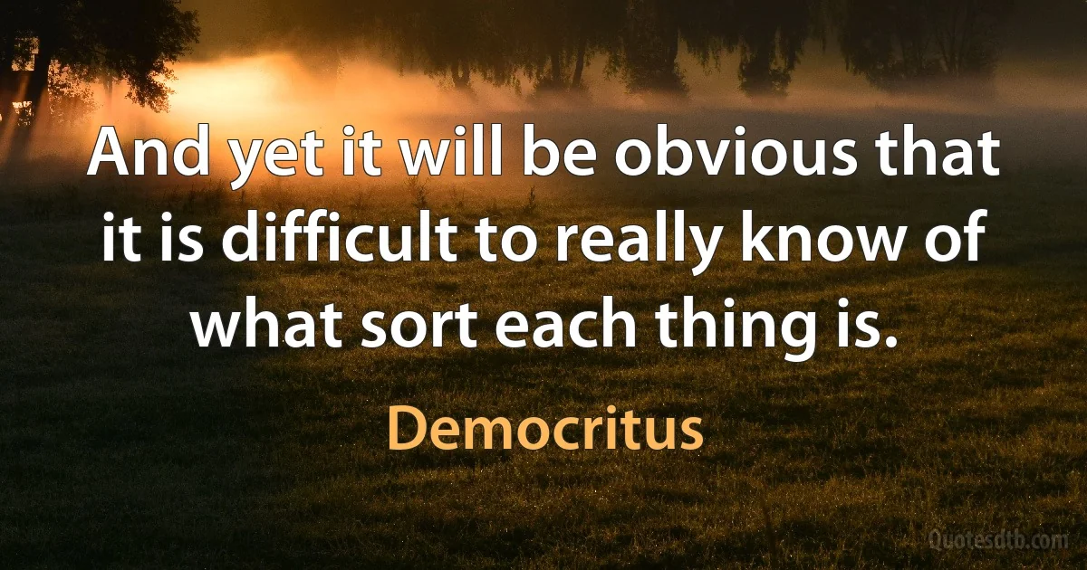 And yet it will be obvious that it is difficult to really know of what sort each thing is. (Democritus)