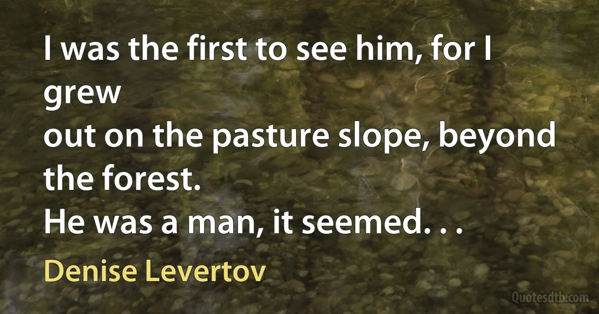 I was the first to see him, for I grew
out on the pasture slope, beyond the forest.
He was a man, it seemed. . . (Denise Levertov)