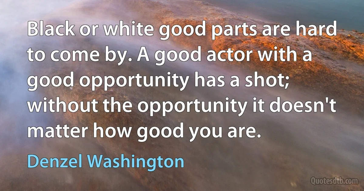 Black or white good parts are hard to come by. A good actor with a good opportunity has a shot; without the opportunity it doesn't matter how good you are. (Denzel Washington)