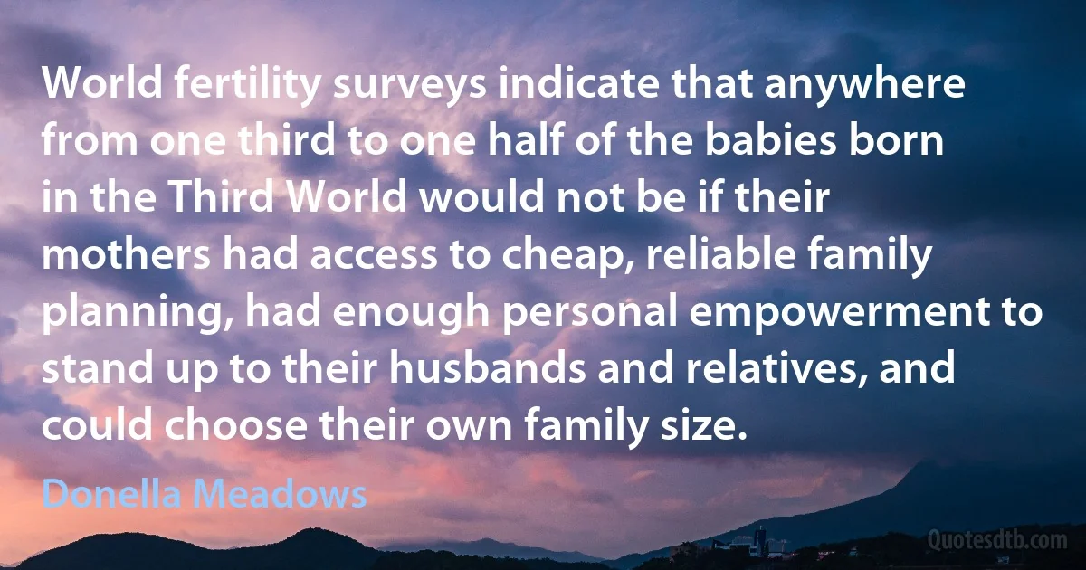 World fertility surveys indicate that anywhere from one third to one half of the babies born in the Third World would not be if their mothers had access to cheap, reliable family planning, had enough personal empowerment to stand up to their husbands and relatives, and could choose their own family size. (Donella Meadows)