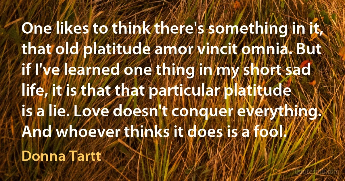 One likes to think there's something in it, that old platitude amor vincit omnia. But if I've learned one thing in my short sad life, it is that that particular platitude is a lie. Love doesn't conquer everything. And whoever thinks it does is a fool. (Donna Tartt)