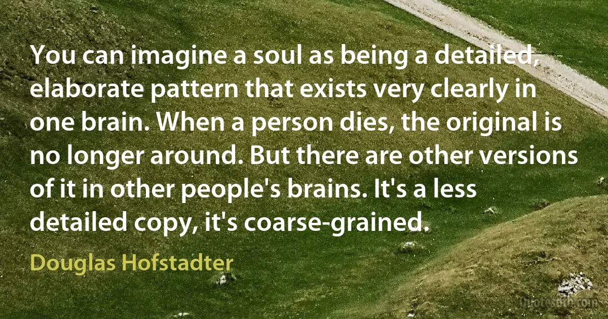 You can imagine a soul as being a detailed, elaborate pattern that exists very clearly in one brain. When a person dies, the original is no longer around. But there are other versions of it in other people's brains. It's a less detailed copy, it's coarse-grained. (Douglas Hofstadter)