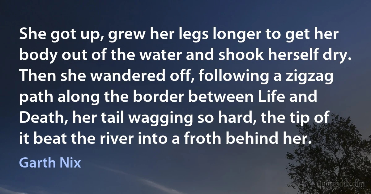 She got up, grew her legs longer to get her body out of the water and shook herself dry. Then she wandered off, following a zigzag path along the border between Life and Death, her tail wagging so hard, the tip of it beat the river into a froth behind her. (Garth Nix)