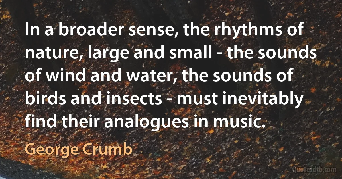 In a broader sense, the rhythms of nature, large and small - the sounds of wind and water, the sounds of birds and insects - must inevitably find their analogues in music. (George Crumb)