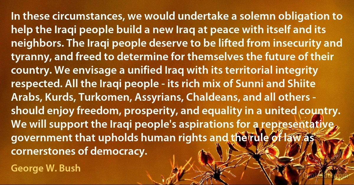 In these circumstances, we would undertake a solemn obligation to help the Iraqi people build a new Iraq at peace with itself and its neighbors. The Iraqi people deserve to be lifted from insecurity and tyranny, and freed to determine for themselves the future of their country. We envisage a unified Iraq with its territorial integrity respected. All the Iraqi people - its rich mix of Sunni and Shiite Arabs, Kurds, Turkomen, Assyrians, Chaldeans, and all others - should enjoy freedom, prosperity, and equality in a united country. We will support the Iraqi people's aspirations for a representative government that upholds human rights and the rule of law as cornerstones of democracy. (George W. Bush)