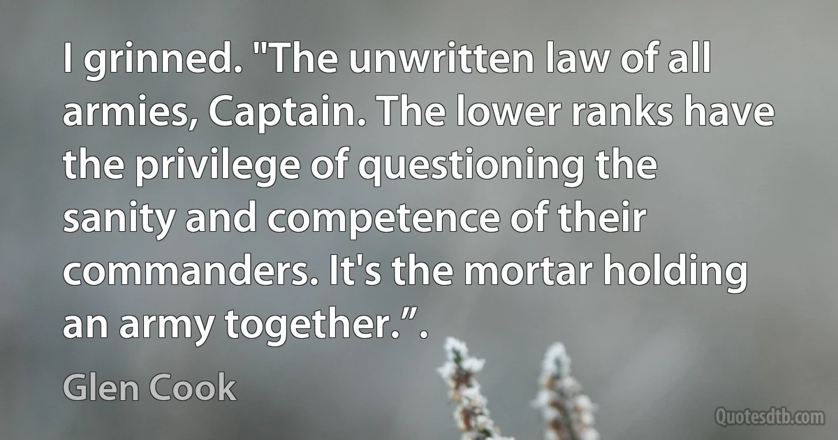 I grinned. "The unwritten law of all armies, Captain. The lower ranks have the privilege of questioning the sanity and competence of their commanders. It's the mortar holding an army together.”. (Glen Cook)