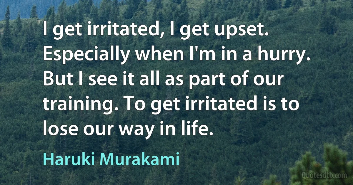 I get irritated, I get upset. Especially when I'm in a hurry. But I see it all as part of our training. To get irritated is to lose our way in life. (Haruki Murakami)