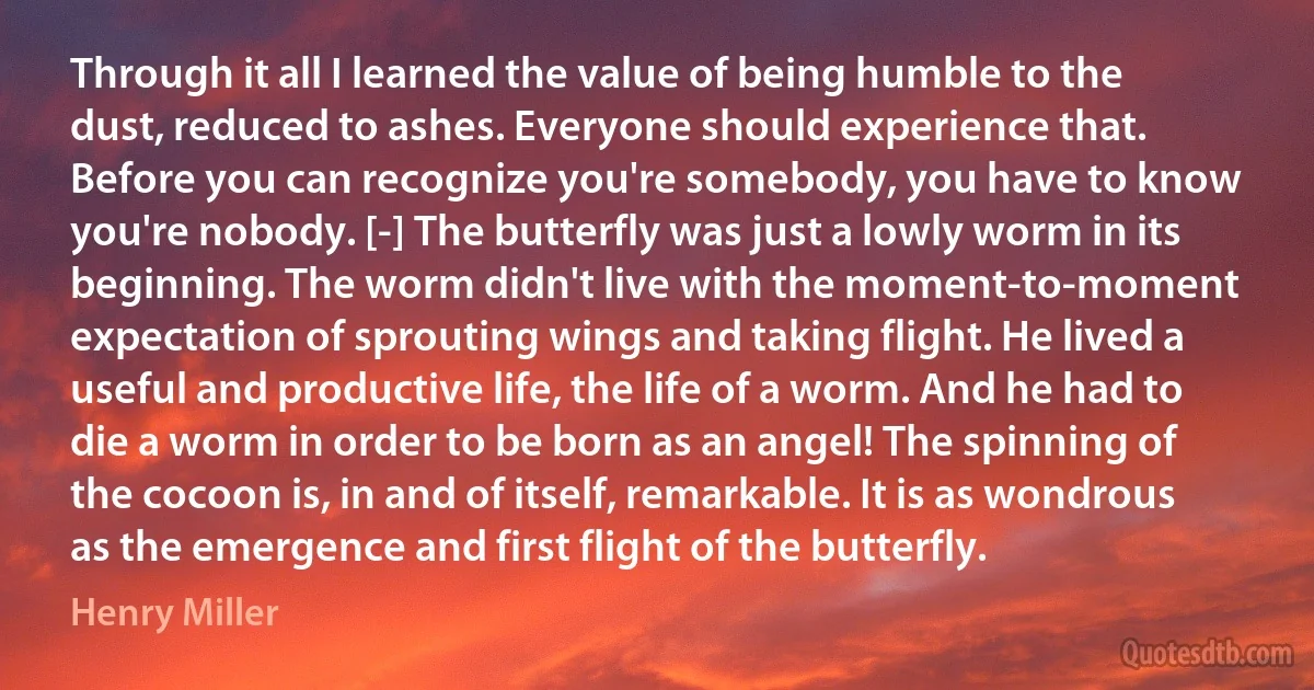 Through it all I learned the value of being humble to the dust, reduced to ashes. Everyone should experience that. Before you can recognize you're somebody, you have to know you're nobody. [-] The butterfly was just a lowly worm in its beginning. The worm didn't live with the moment-to-moment expectation of sprouting wings and taking flight. He lived a useful and productive life, the life of a worm. And he had to die a worm in order to be born as an angel! The spinning of the cocoon is, in and of itself, remarkable. It is as wondrous as the emergence and first flight of the butterfly. (Henry Miller)