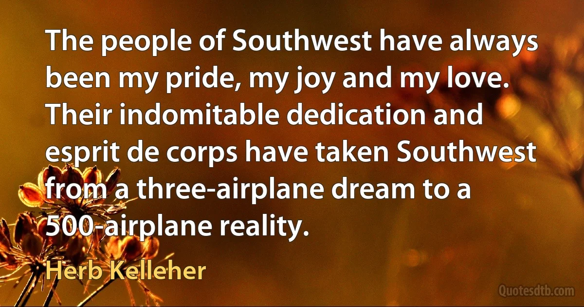 The people of Southwest have always been my pride, my joy and my love. Their indomitable dedication and esprit de corps have taken Southwest from a three-airplane dream to a 500-airplane reality. (Herb Kelleher)