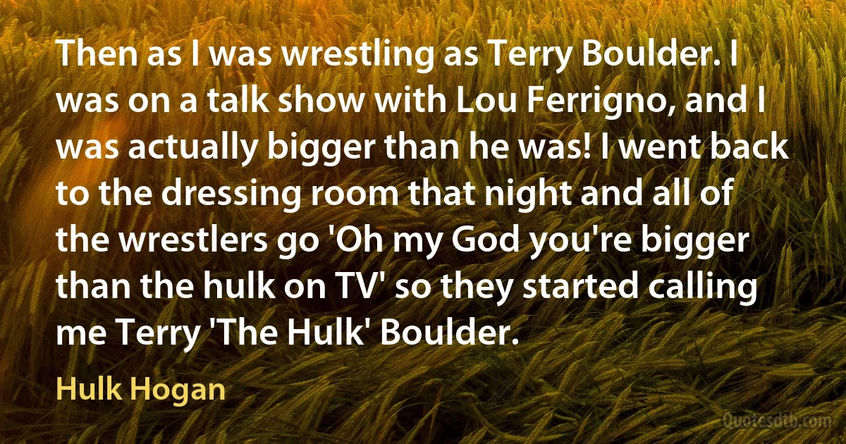 Then as I was wrestling as Terry Boulder. I was on a talk show with Lou Ferrigno, and I was actually bigger than he was! I went back to the dressing room that night and all of the wrestlers go 'Oh my God you're bigger than the hulk on TV' so they started calling me Terry 'The Hulk' Boulder. (Hulk Hogan)