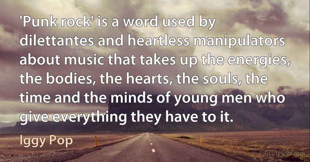 'Punk rock' is a word used by dilettantes and heartless manipulators about music that takes up the energies, the bodies, the hearts, the souls, the time and the minds of young men who give everything they have to it. (Iggy Pop)