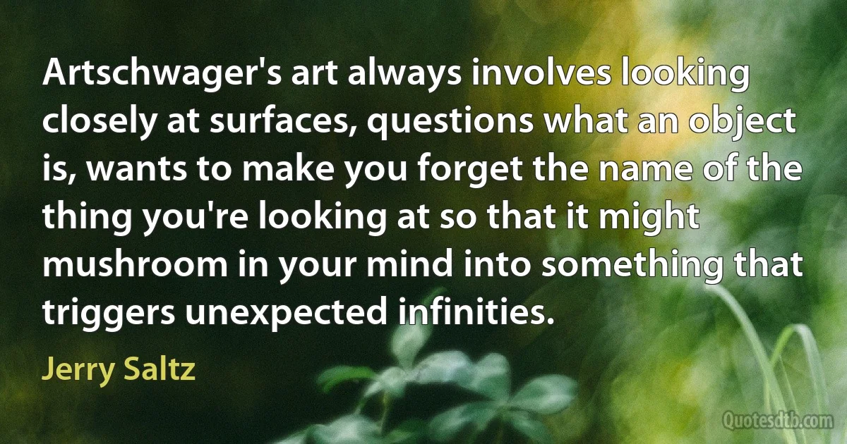 Artschwager's art always involves looking closely at surfaces, questions what an object is, wants to make you forget the name of the thing you're looking at so that it might mushroom in your mind into something that triggers unexpected infinities. (Jerry Saltz)