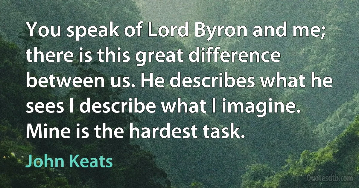 You speak of Lord Byron and me; there is this great difference between us. He describes what he sees I describe what I imagine. Mine is the hardest task. (John Keats)