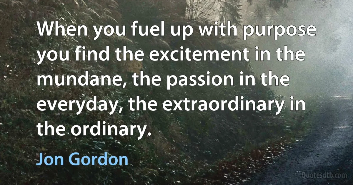 When you fuel up with purpose you find the excitement in the mundane, the passion in the everyday, the extraordinary in the ordinary. (Jon Gordon)