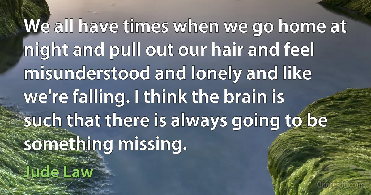 We all have times when we go home at night and pull out our hair and feel misunderstood and lonely and like we're falling. I think the brain is such that there is always going to be something missing. (Jude Law)