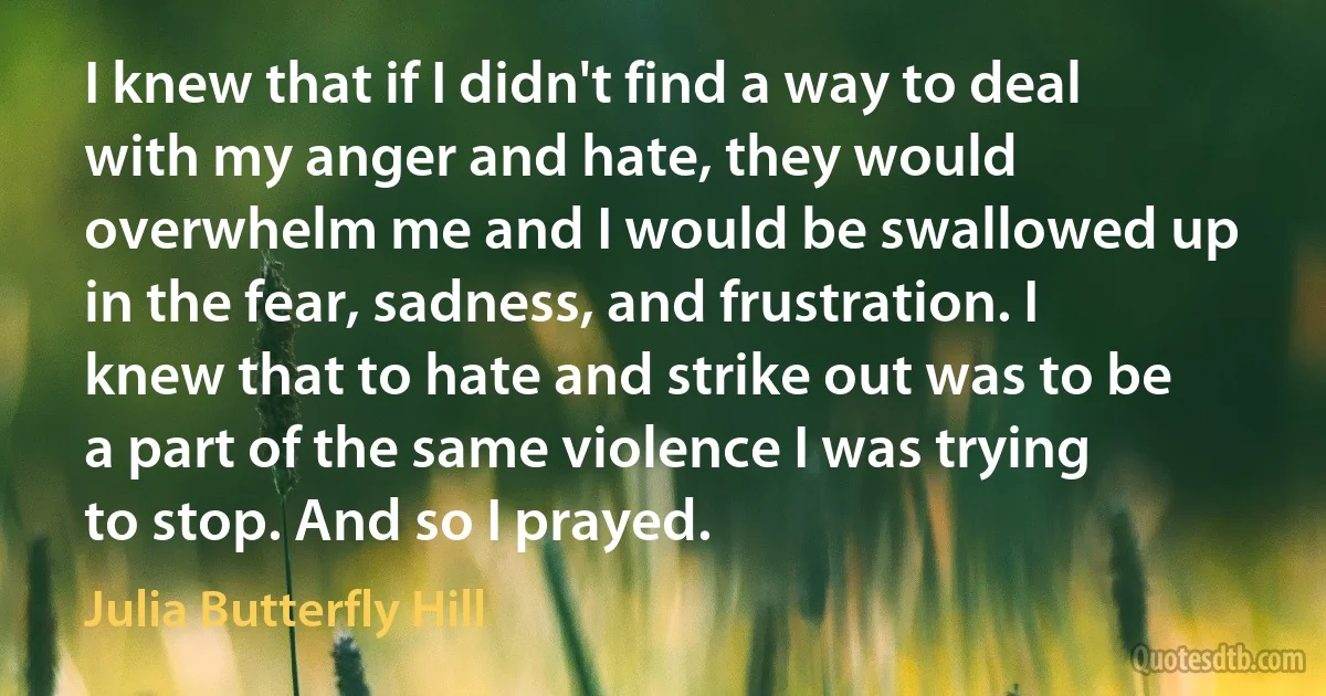 I knew that if I didn't find a way to deal with my anger and hate, they would overwhelm me and I would be swallowed up in the fear, sadness, and frustration. I knew that to hate and strike out was to be a part of the same violence I was trying to stop. And so I prayed. (Julia Butterfly Hill)