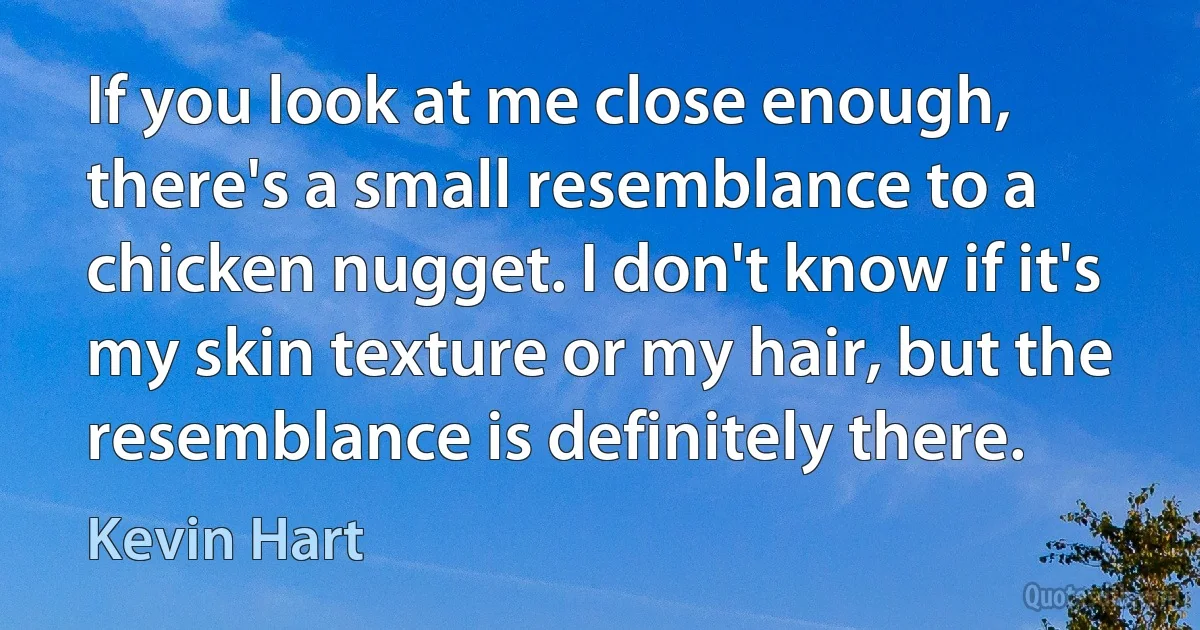 If you look at me close enough, there's a small resemblance to a chicken nugget. I don't know if it's my skin texture or my hair, but the resemblance is definitely there. (Kevin Hart)