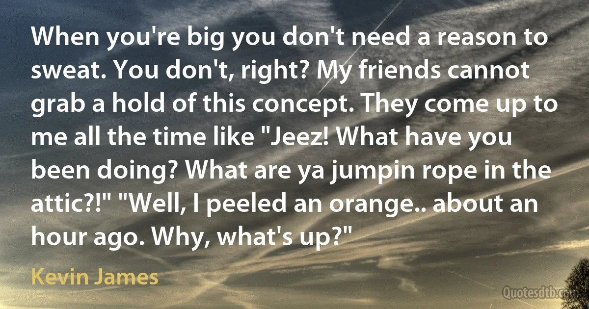 When you're big you don't need a reason to sweat. You don't, right? My friends cannot grab a hold of this concept. They come up to me all the time like "Jeez! What have you been doing? What are ya jumpin rope in the attic?!" "Well, I peeled an orange.. about an hour ago. Why, what's up?" (Kevin James)