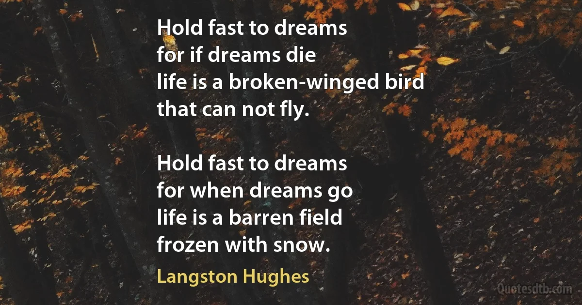 Hold fast to dreams
for if dreams die
life is a broken-winged bird
that can not fly.

Hold fast to dreams
for when dreams go
life is a barren field
frozen with snow. (Langston Hughes)