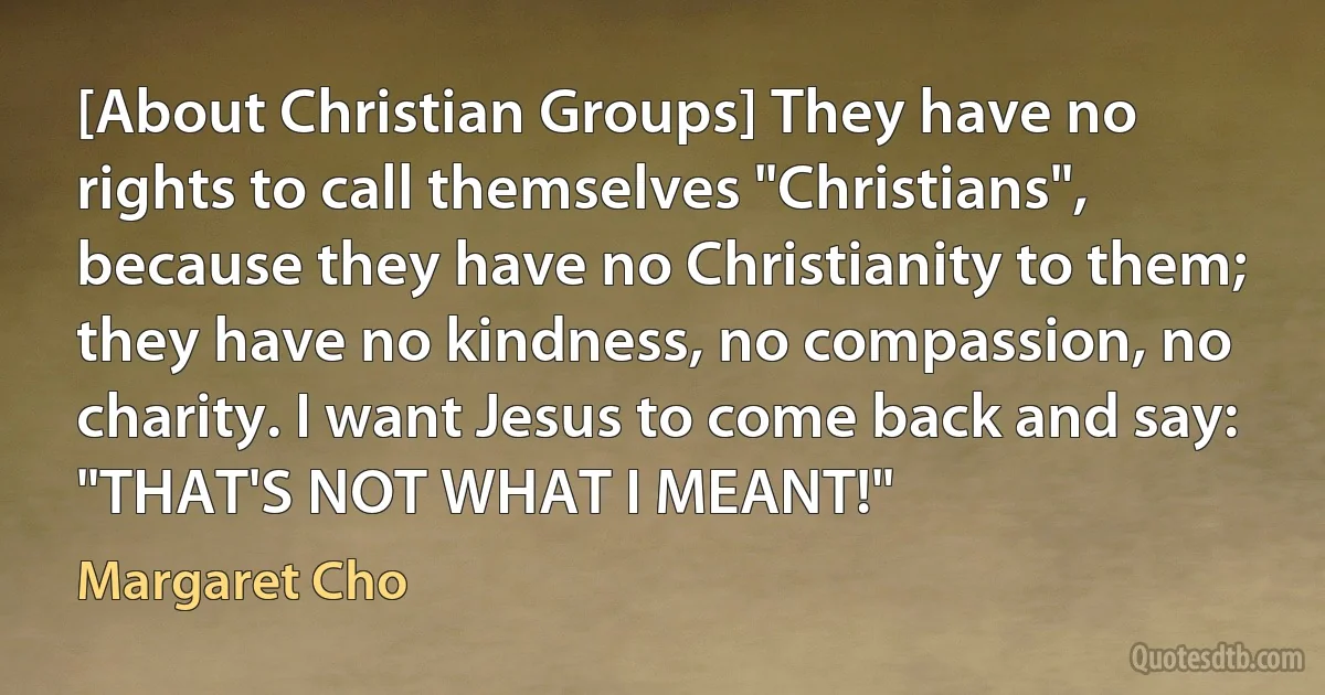 [About Christian Groups] They have no rights to call themselves "Christians", because they have no Christianity to them; they have no kindness, no compassion, no charity. I want Jesus to come back and say: "THAT'S NOT WHAT I MEANT!" (Margaret Cho)