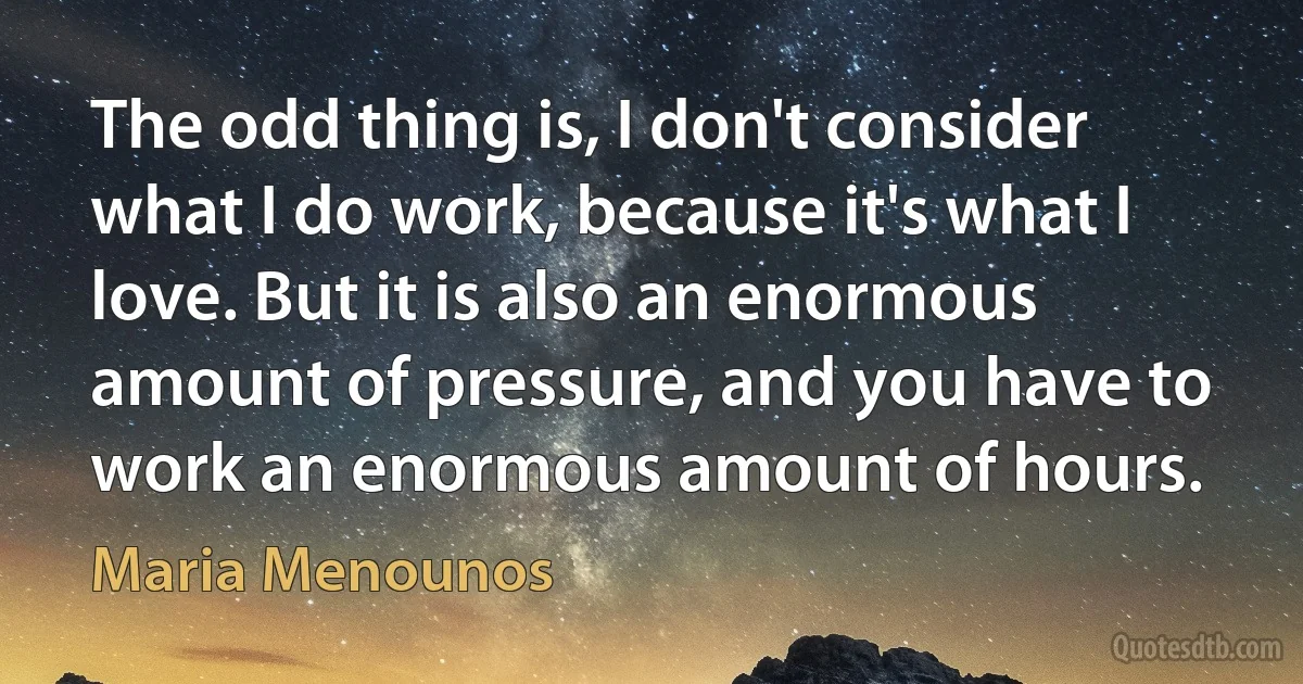 The odd thing is, I don't consider what I do work, because it's what I love. But it is also an enormous amount of pressure, and you have to work an enormous amount of hours. (Maria Menounos)