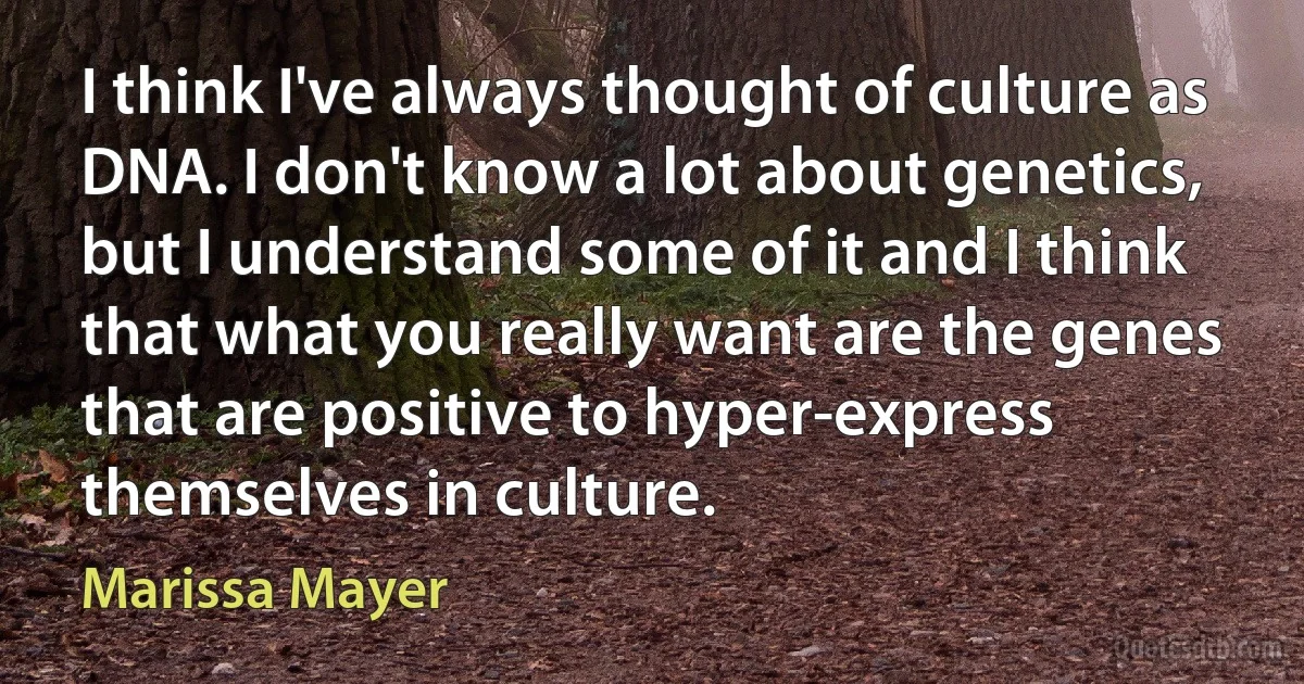 I think I've always thought of culture as DNA. I don't know a lot about genetics, but I understand some of it and I think that what you really want are the genes that are positive to hyper-express themselves in culture. (Marissa Mayer)