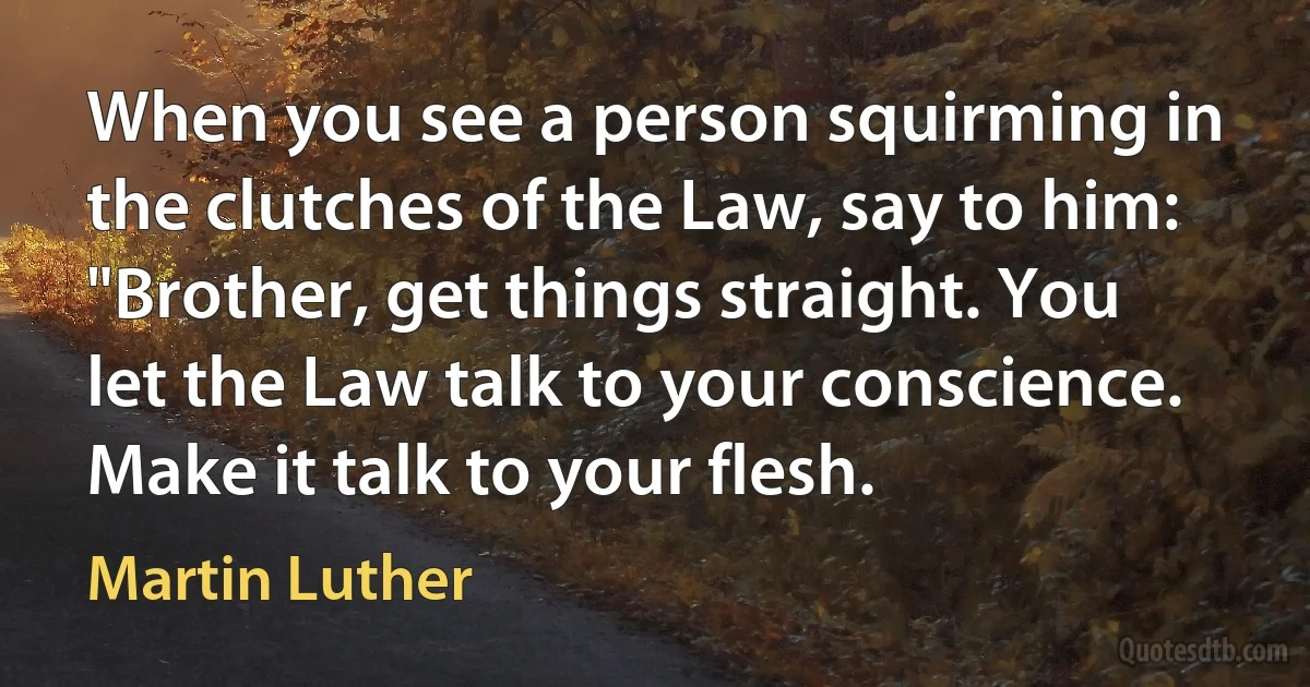 When you see a person squirming in the clutches of the Law, say to him: "Brother, get things straight. You let the Law talk to your conscience. Make it talk to your flesh. (Martin Luther)