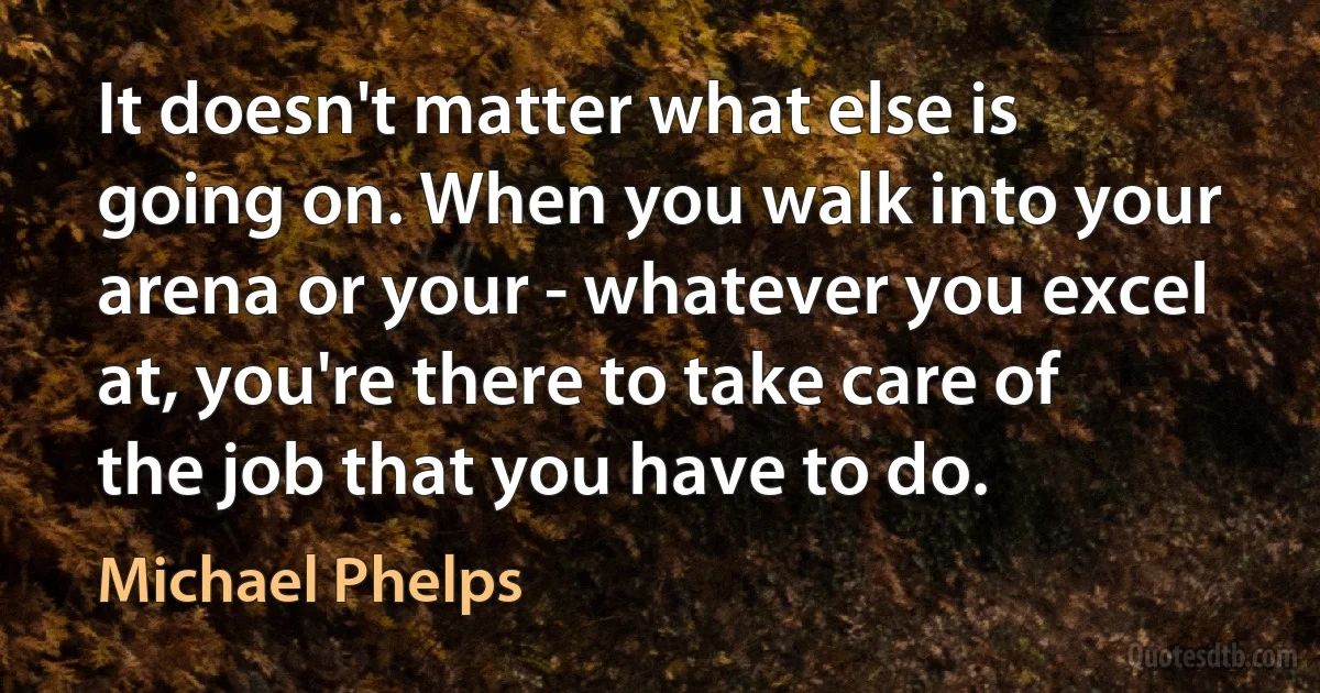 It doesn't matter what else is going on. When you walk into your arena or your - whatever you excel at, you're there to take care of the job that you have to do. (Michael Phelps)