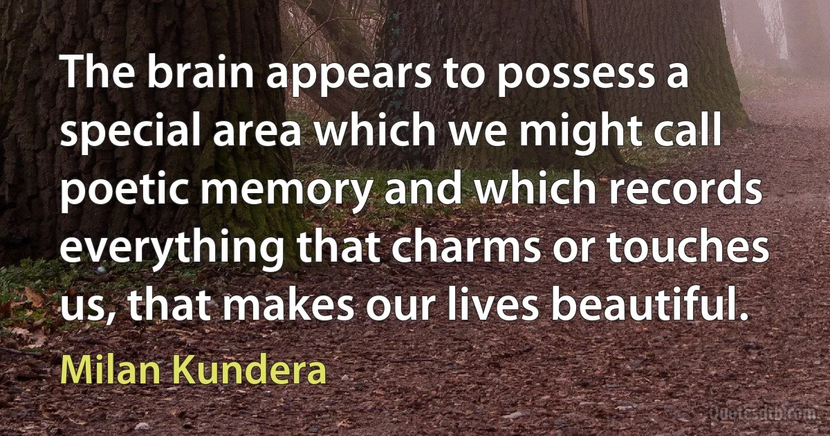 The brain appears to possess a special area which we might call poetic memory and which records everything that charms or touches us, that makes our lives beautiful. (Milan Kundera)