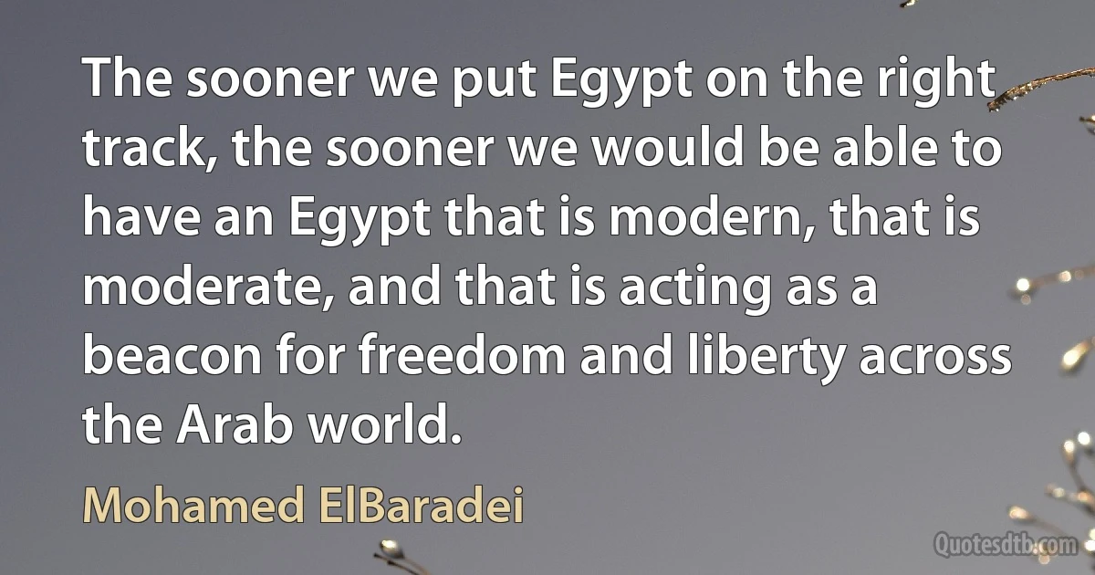 The sooner we put Egypt on the right track, the sooner we would be able to have an Egypt that is modern, that is moderate, and that is acting as a beacon for freedom and liberty across the Arab world. (Mohamed ElBaradei)