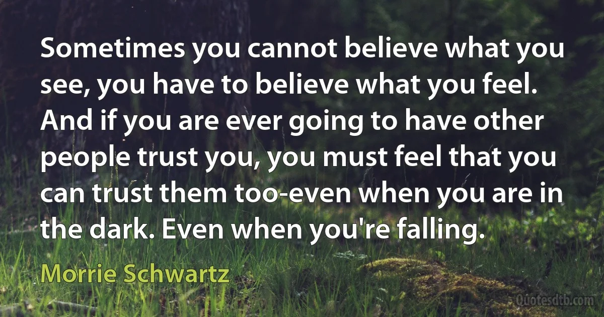 Sometimes you cannot believe what you see, you have to believe what you feel. And if you are ever going to have other people trust you, you must feel that you can trust them too-even when you are in the dark. Even when you're falling. (Morrie Schwartz)