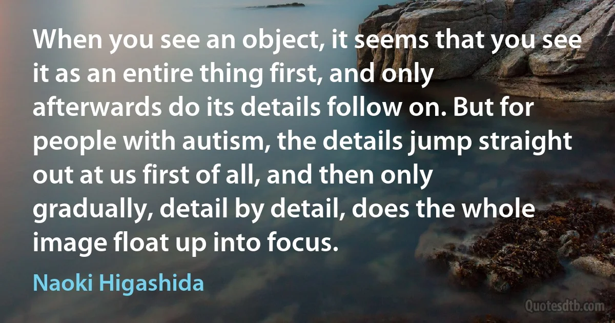 When you see an object, it seems that you see it as an entire thing first, and only afterwards do its details follow on. But for people with autism, the details jump straight out at us first of all, and then only gradually, detail by detail, does the whole image float up into focus. (Naoki Higashida)